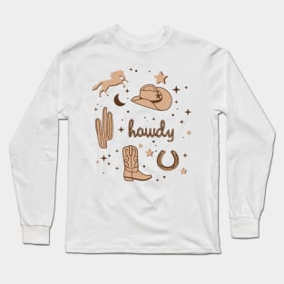 Cowboy Hat and Boot Pattern Sepia Brown Cowgirl Aesthetic Long Sleeve T-Shirt